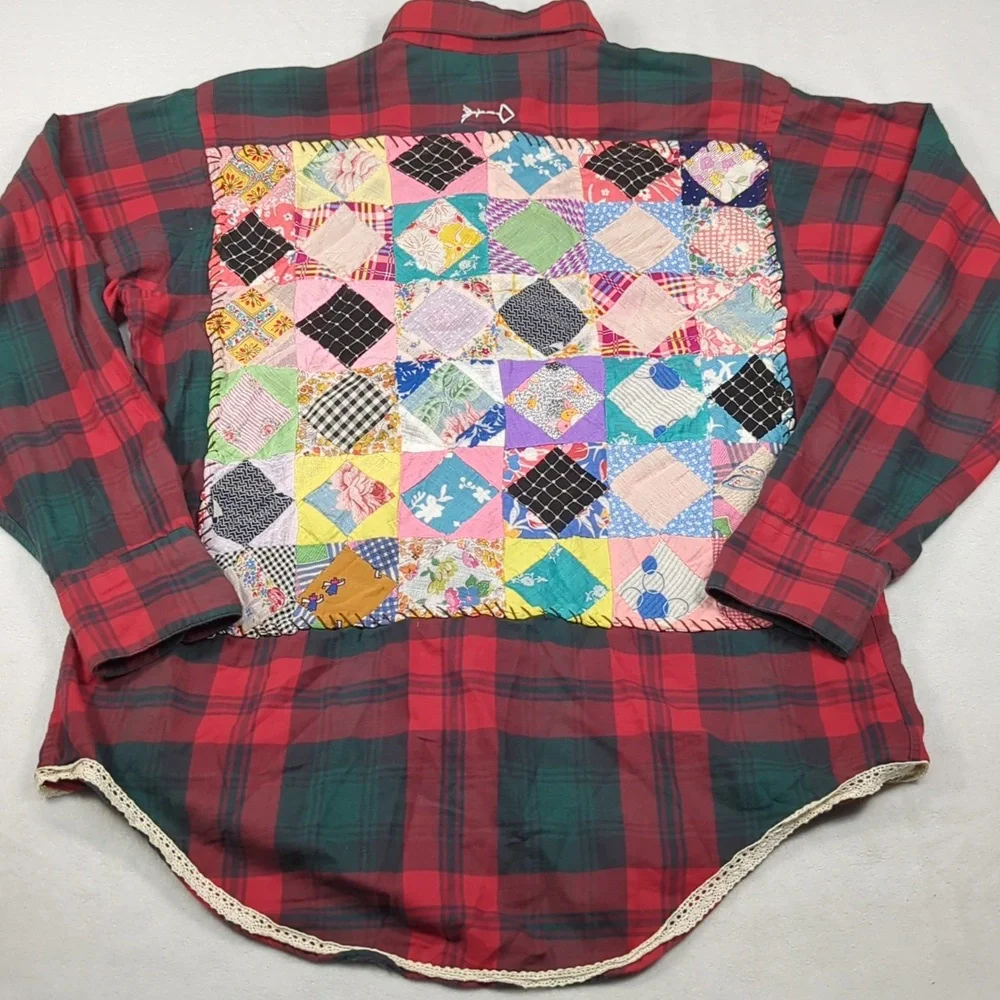 Ruff Hewn Upcycled Red and Green Plaid Shirt With‎ Quilt Back Patch Women's XL - Picture 2 of 5